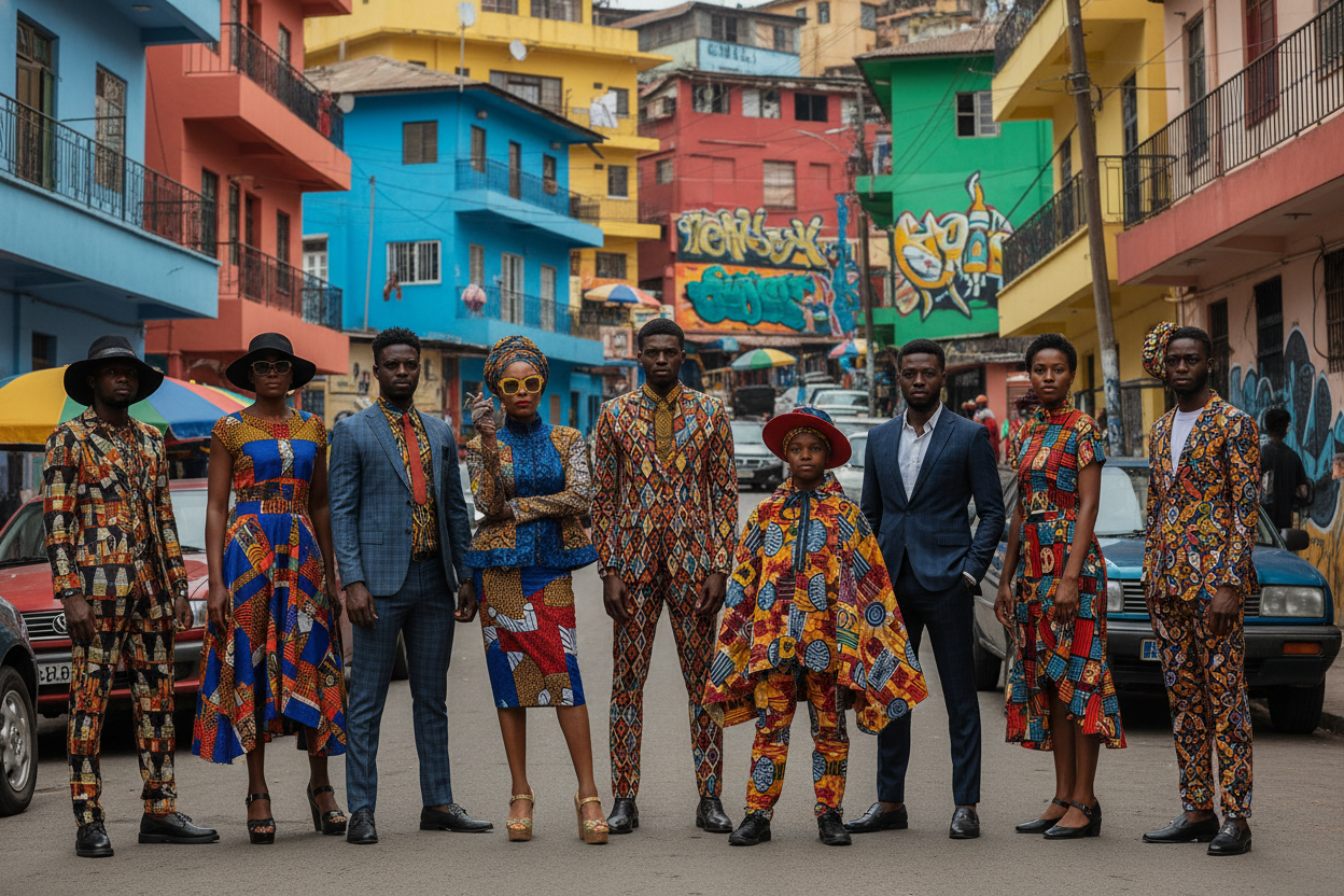 un groupe de personne de tout âge qui tienne la pose dans les rue d'une ville africaine. ils sont habillé avec des tissues africain élégant et chic. le décor joue un peu sur l'excentricité le décalé (ex une dame agé avec une cigarette avec des lunettes de soleil)